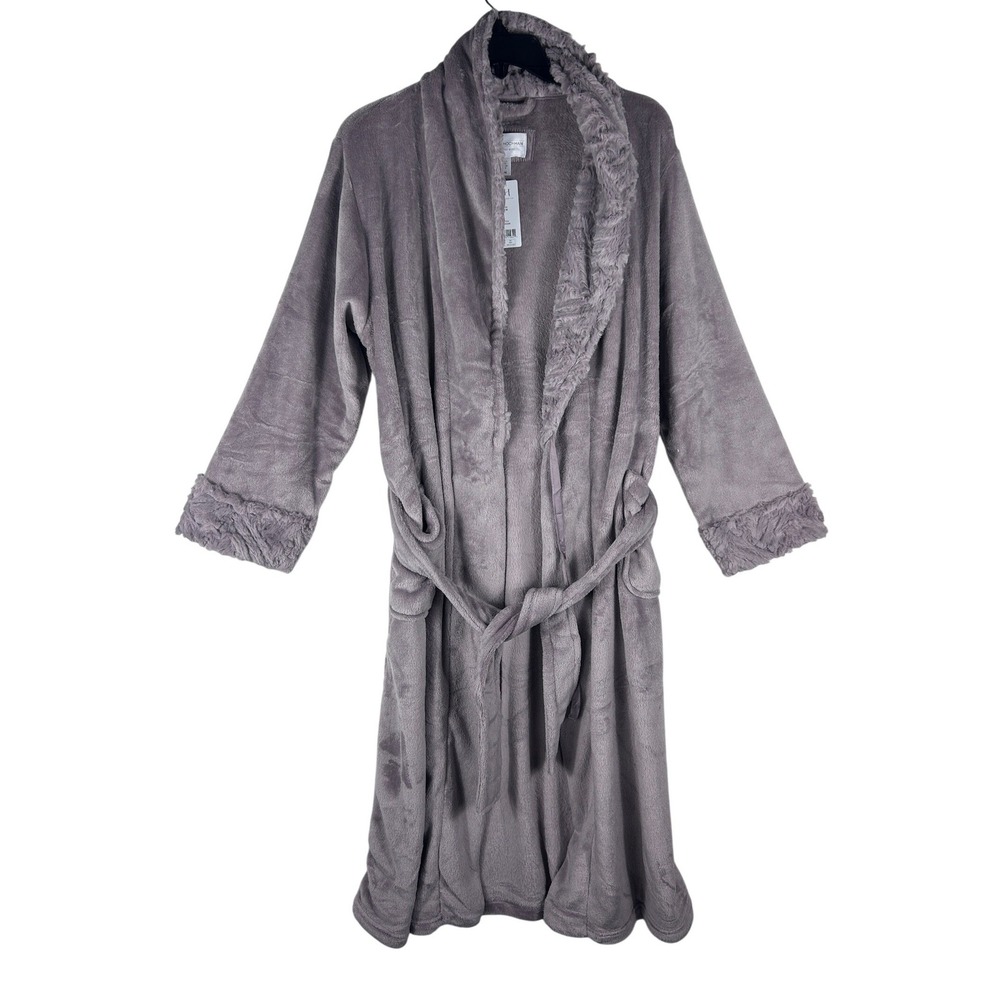 Carole Hochman Plush Robe Women Medium Gray Faux Fur Trim Belted NWT